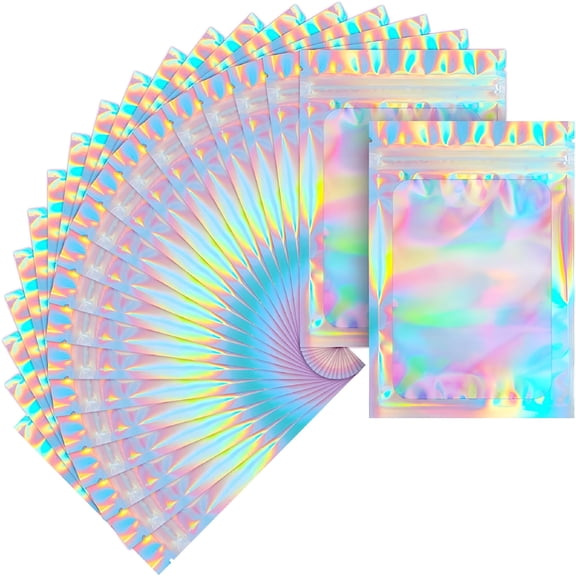 CCOCC 50Pcs Resealable Smell Proof Bags,Iridescent Holographic Bags,Sealed Aluminum Foil Pouch,Small Packaging Bags,Mini Plastic Bags,for Home Small Business 4x6"