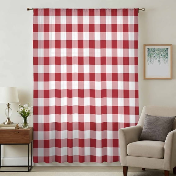 Farmhouse Red Plaid Sheer Curtains 54 Inches Long, Rustic Red White Checkered Light Filering Curtains, Breathable Simi Curtain Privacy Drapes for Kitchen Bathroom Nursery Small Window Treatment