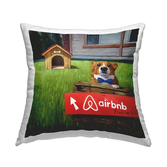 Stupell Industries Doghouse Rental Bowtie Humorous Backyard Corgi Design by Lucia Heffernan Throw Pillow