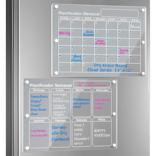 Pizarrón para Refrigerador,Calendario Magnético para Refrigerador,40x30cm Calendario Semanal Reutilizable de Acrílico con 2 Tableros,Incluye 6 Plumones de Colores,Pincel y Contenedor