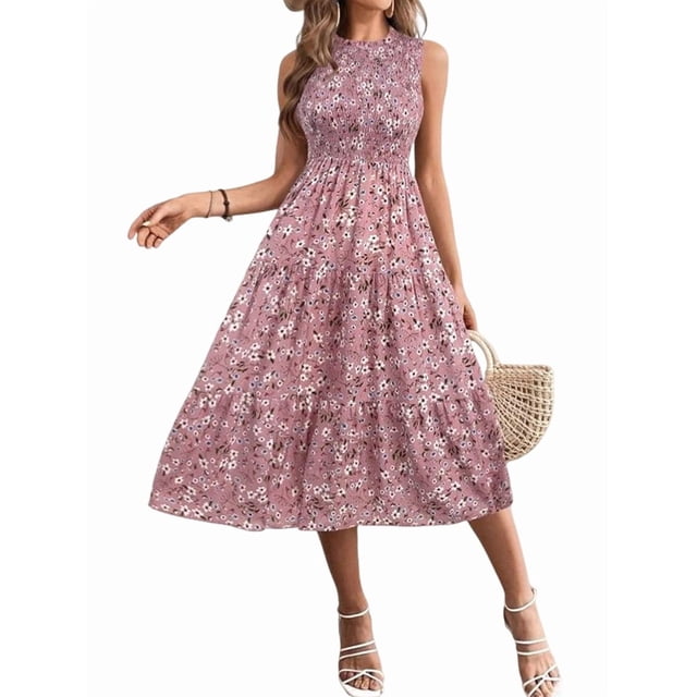 Women'S Summer Floral Mid-Length Dress Ruffle Sleeve Smocked Sundress Flowy Wedding Guest Dresses Root Pink S