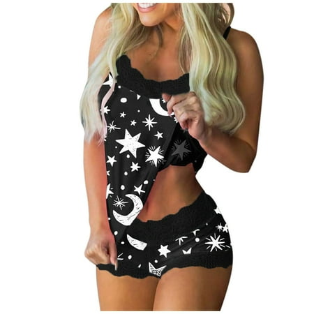 

adviicd Shorts Moon Underwear Cami Lingerie Set Women Sun Sleepwear Print Sleeveless Lace Lime Lingerie for Women