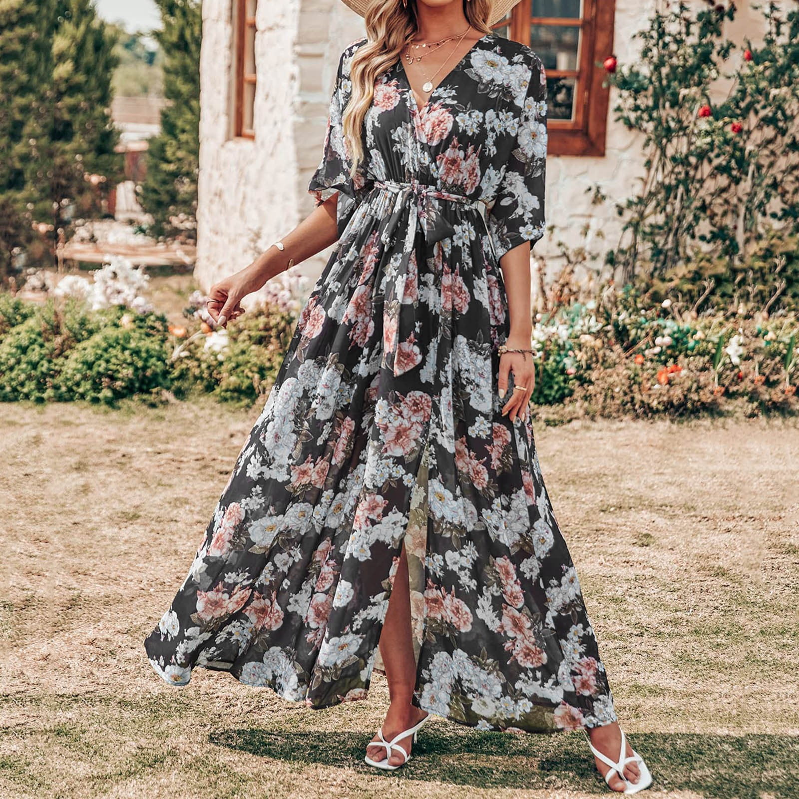 Boho Summer Beach Floral Wrap Slit Maxi Dress for Women 2022- Rayon Bell  Sleeve V Neck Tie Waist Casual Hippie Long Dresses at  Women’s  Clothing