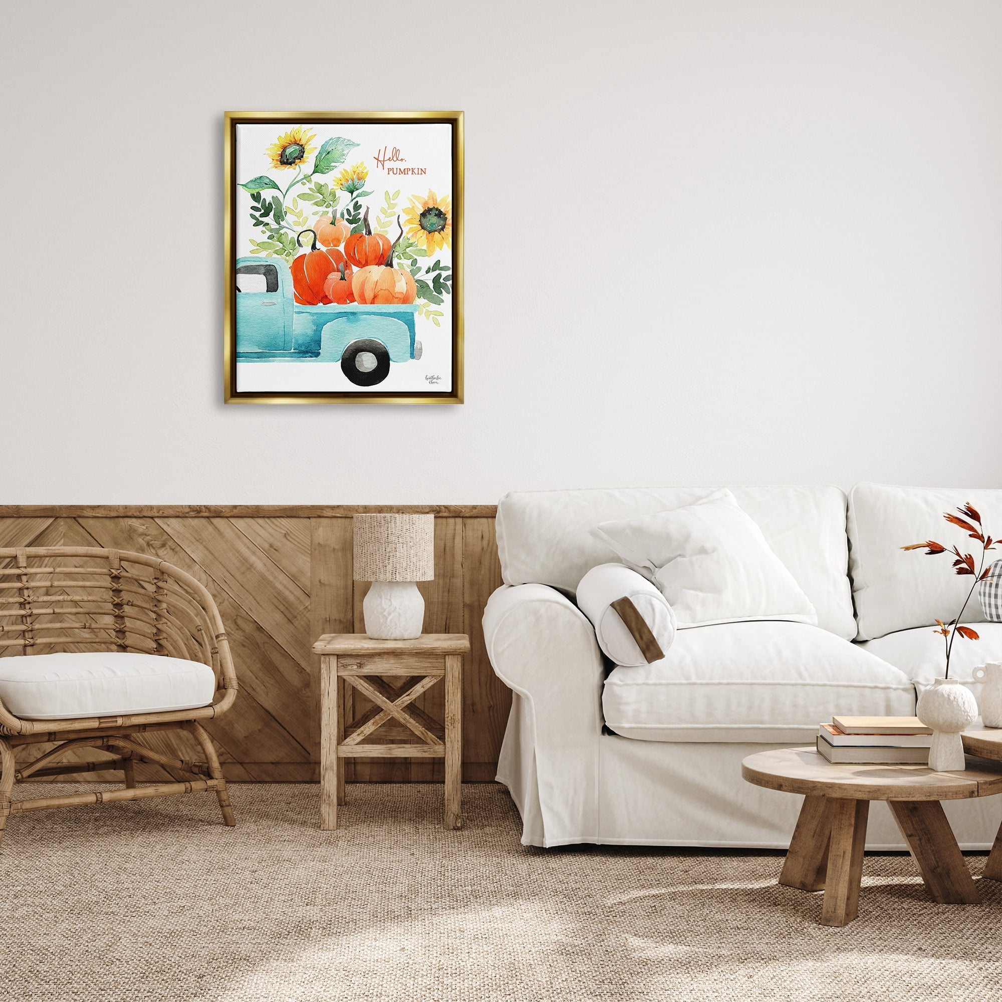 Stupell Industries Hello Pumpkin Autumn Truck Carrying Seasonal Plants Graphic Art Metallic Gold Floating Framed Canvas Print Wall Art, Design by Heatherlee Chan