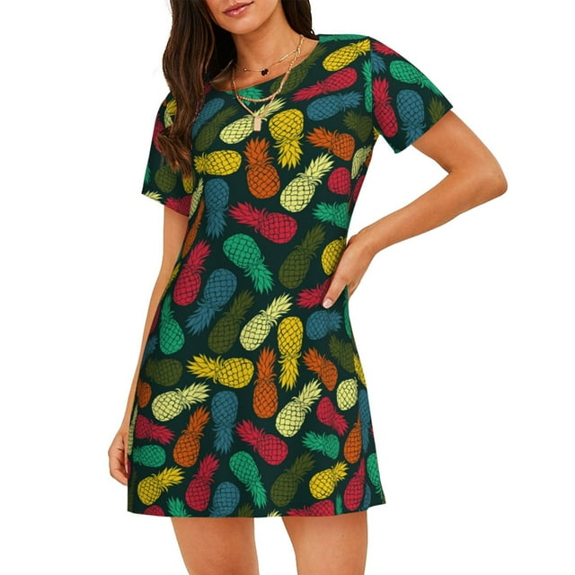 Kdxio Chemise de Nuit Imprimé Ananas Fruit Coloré pour Femmes Manches Courtes Chemise de Nuit Décontractée Imprimée Robe de Nuit Ample Confortable Pyjama