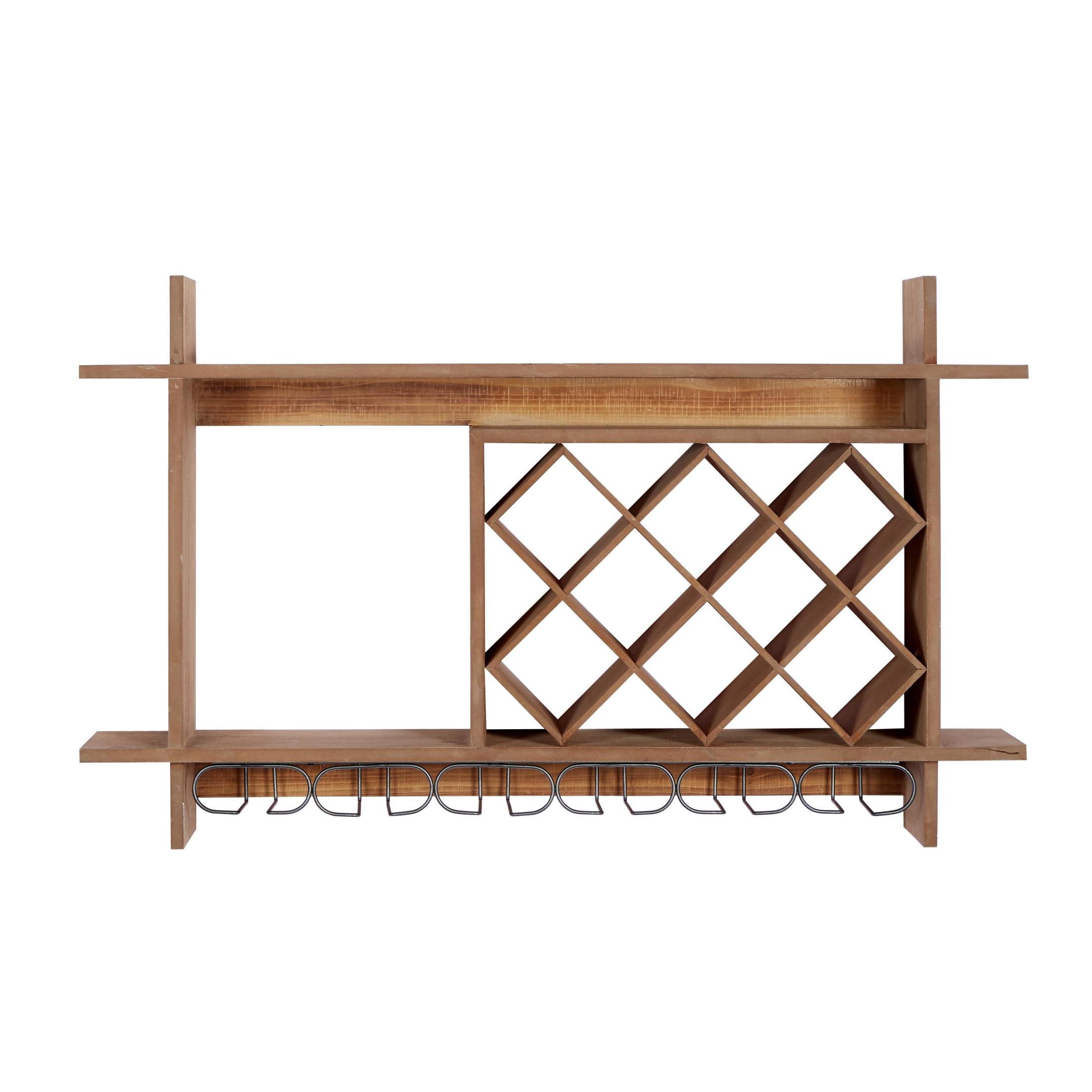DecMode 34" x 20" Brown Wood Geometric 8 Bottle Wall Wine Rack with 6 Glass Holder Slots, 1-Piece