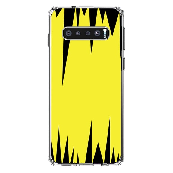 DistinctInk Clear Shockproof Hybrid Case for Samsung Galaxy S10 (6.1" Screen) - TPU Bumper, Acrylic Back, Tempered Glass Screen Protector - Yellow Black Spikes
