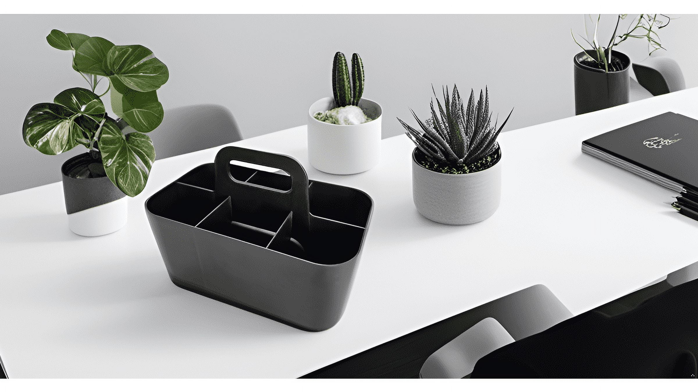 Enjoy Organizer - Small Stackable Plastic Caddy with Handle 6 Compartment | Desk, Makeup, Dorm Caddy, Classroom Art Organizers - 4 Pack, Made In USA (Black)