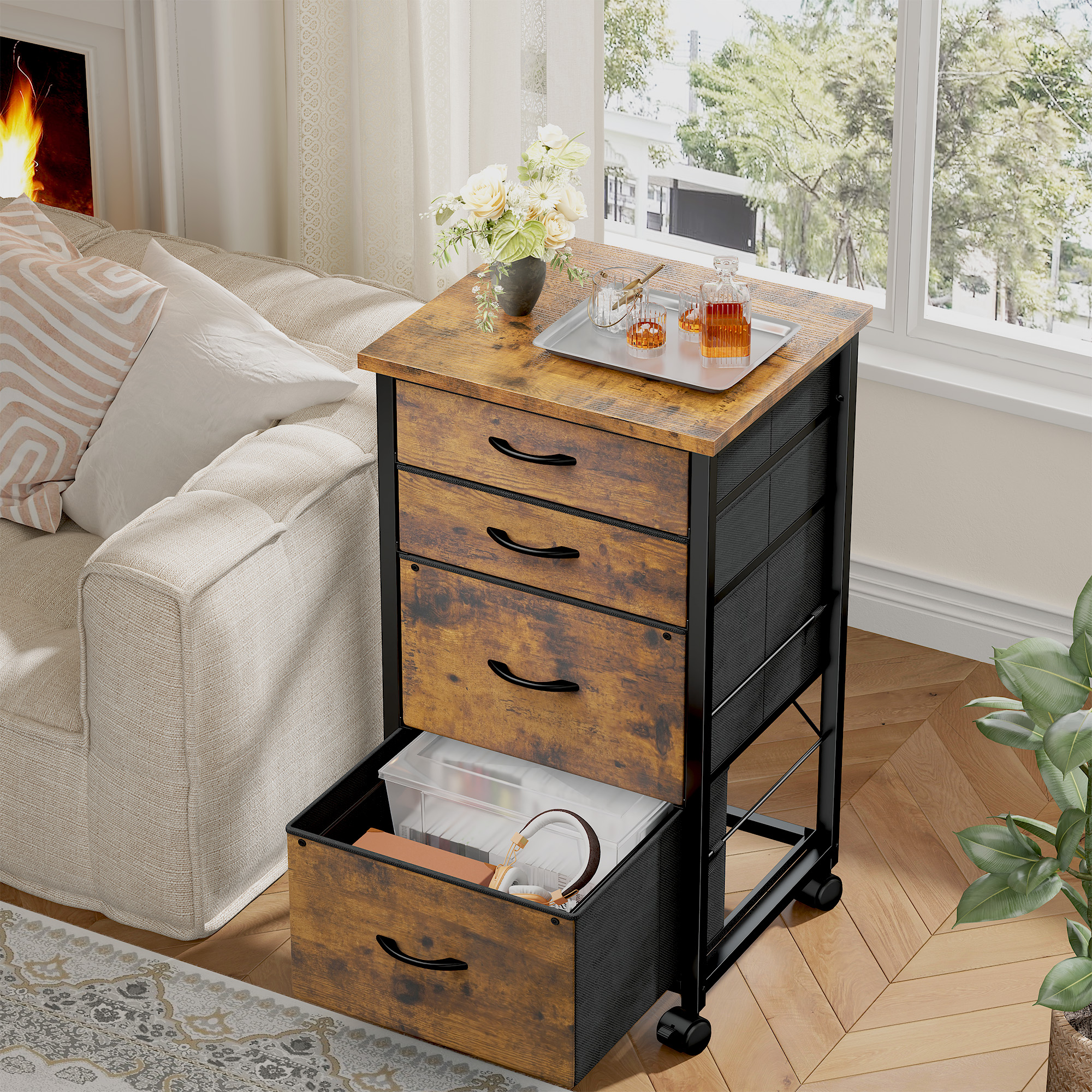 Romorgniz 4 Fabric Drawers Mobile File Cabinet Desk Table Cabinet Fits A4/Letter Size Printer Stand for Home Office，Rustic Brown