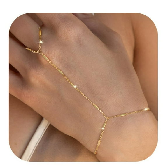 Trianu Gold Hand Chain Bracelets for Women, 14K Gold Plated Hand Chain Dainty Finger Ring Bracelet Gold Jewelry Gifts for Her, Style 1
