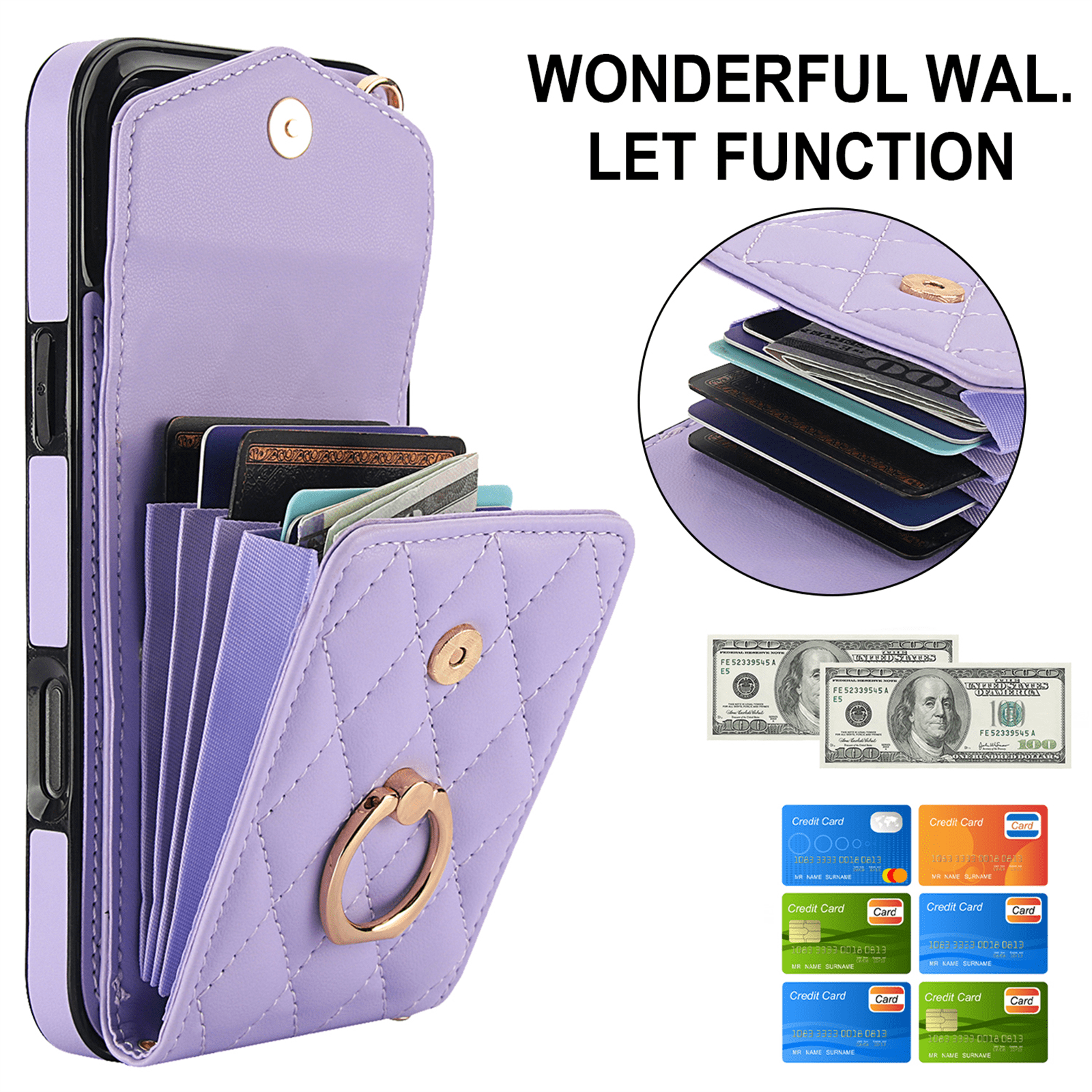 Asuwish Wallet RFID Blocking PU Leather Cell Phone Case with Tempered Glass Screen Protector, Wrist Strap for iPhone 16 Pro Max, Purple