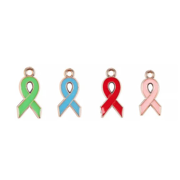 U8MO 4 Cancer Awareness Charms Enamel Ribbon Pendants Gold Green Blue Red Pink Mix