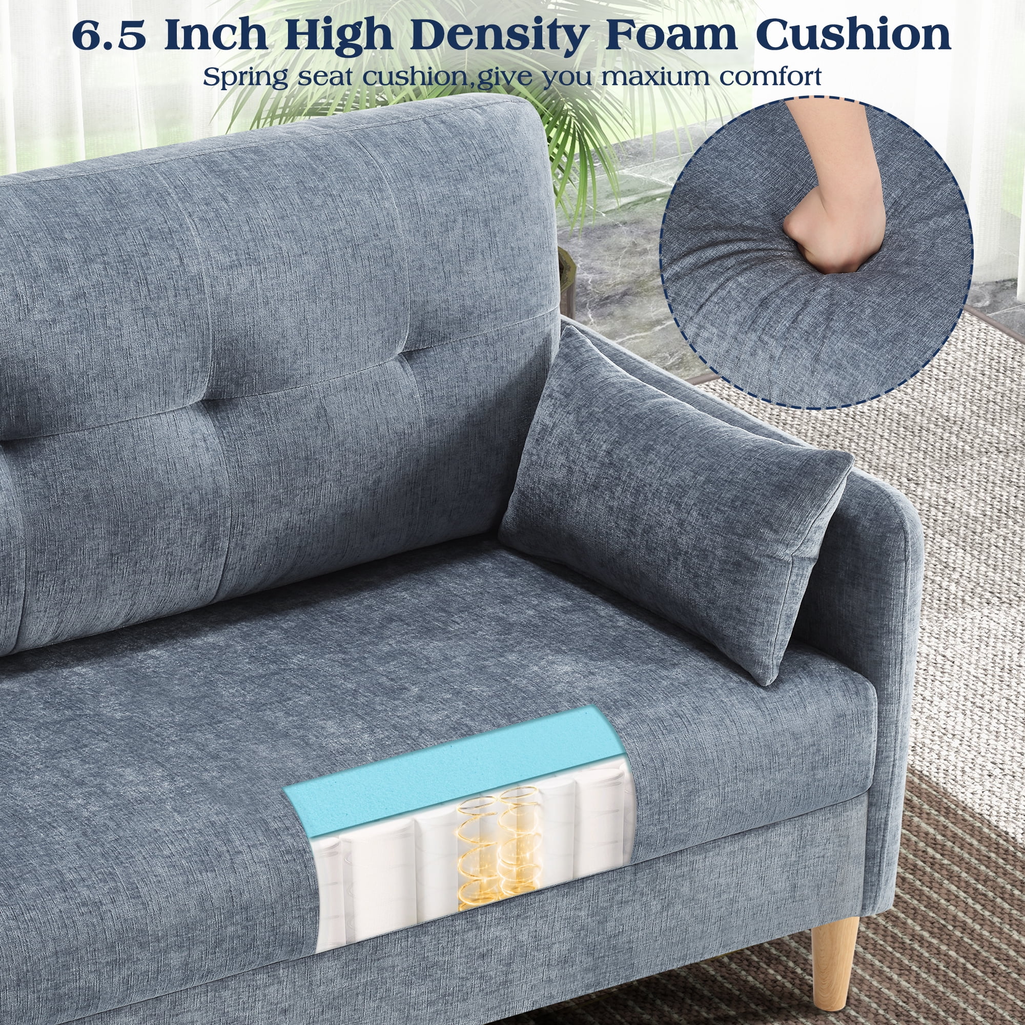 BedLuxury 47'' Wide LoveSeat, 2-seat Chenille sofa with 2 Pillows for Living Room and Small Spaces, Blue