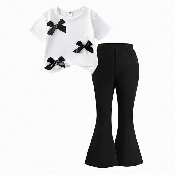HCNTES Toddler Girl Summer Outfit Set Short Sleeve Tee Wide Leg Pants Soft Elastic Dailywear Kids Casual School Clothing 4T 5T 6T(F02-White,4-5 Years)
