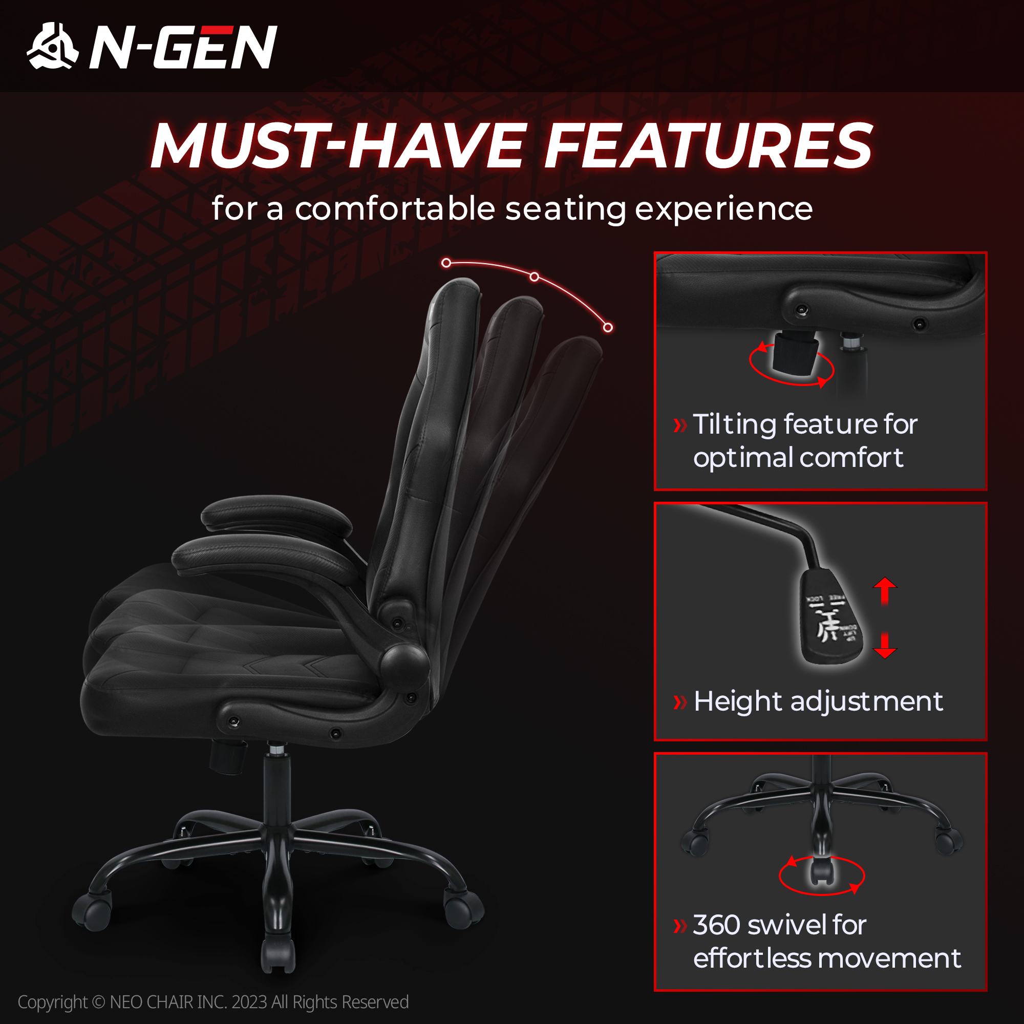 N-GEN Black Gaming Chair, Flip-up Armrest Computer Chair Ergonomic Office Chair PU Leather Desk Chair Executive Adjustable Swivel Task Chair
