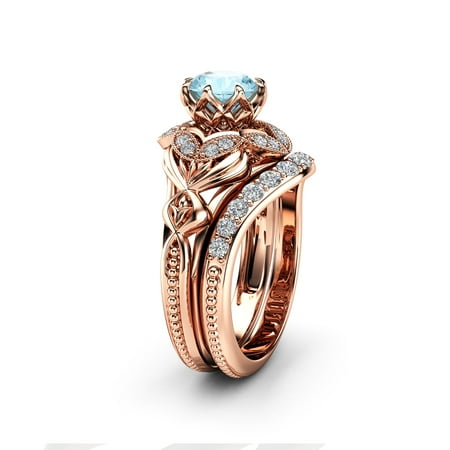Aquamarine Vintage Halo Rose Gold Ring Set