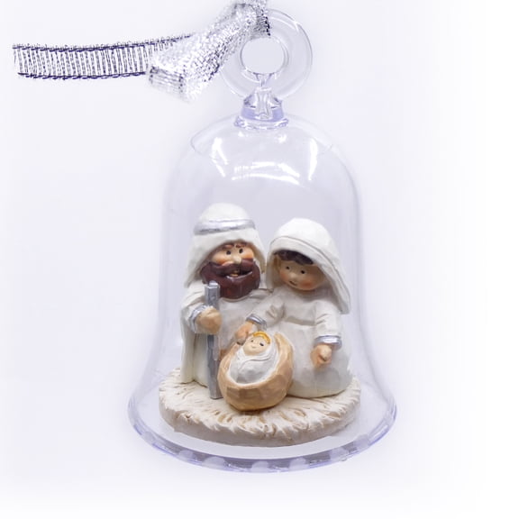Nativity Scene Christmas Tree Ornament – Adorable Miniature Holy Family figurine Featuring Mary, Joseph and Baby Jesus inside a clear Acrylic Bell shaped Decoration with Silver Ribbon Bow.