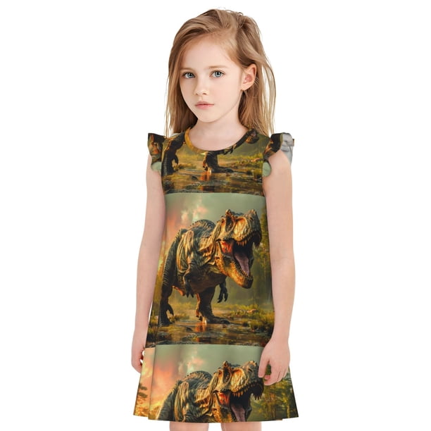 Fotbe Realistic Style Forest Dinosaur Vestido de Dormir para Niñas de 3 a 10 Años, Mangas Cortas, Estilo Princesa, Pijama Camisón con Mangas Voladas-X-Large