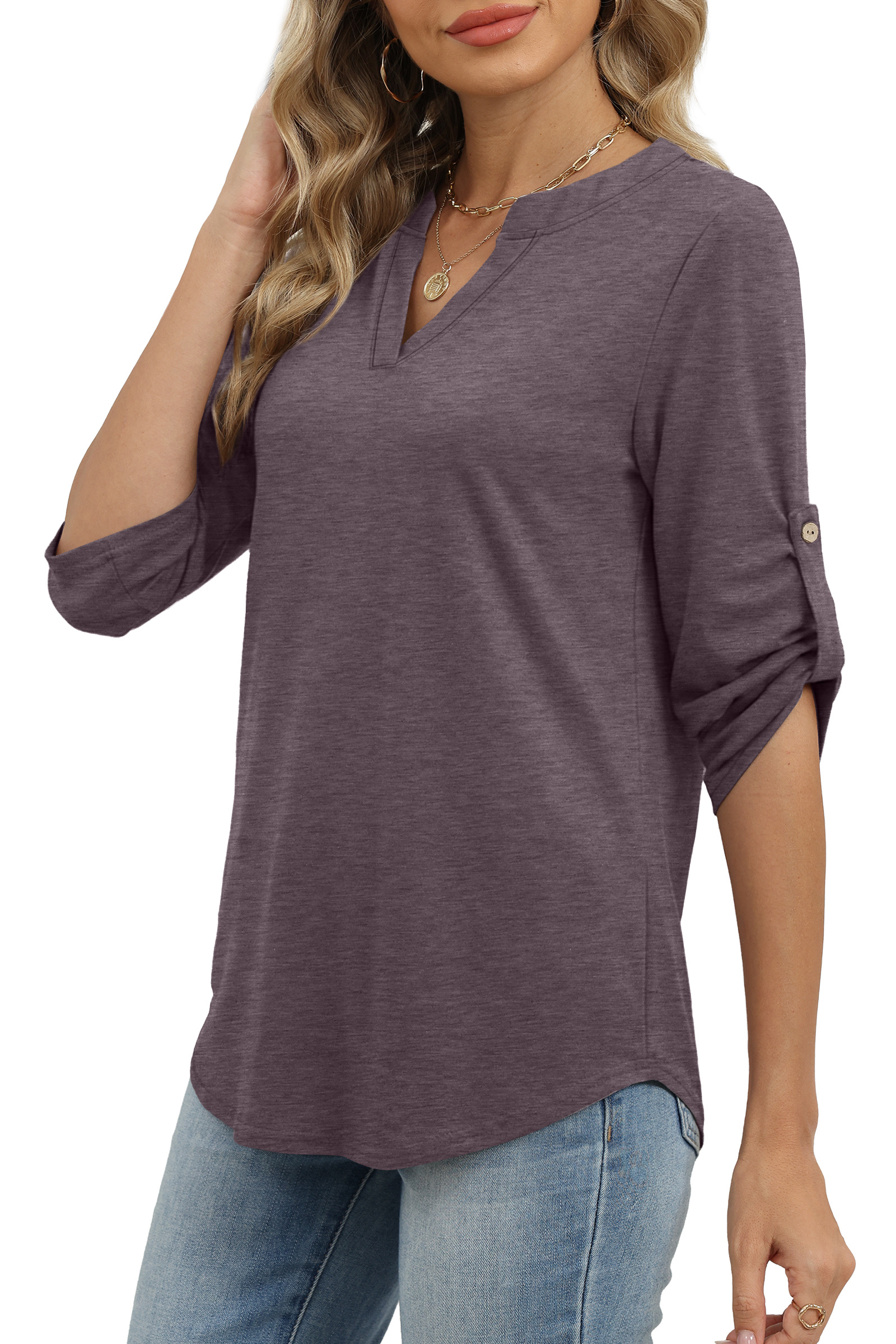 Wiholl Women's V-Neck Roll-Tab 3/4 Sleeve Blouse photo 4