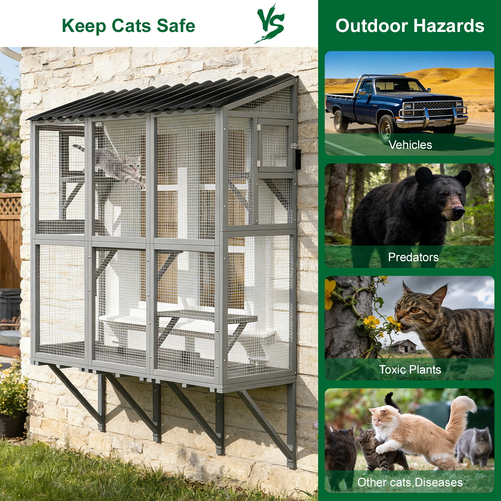 TIMHAKA Wooden Cat Window Box Enclosure w/ 4 Platforms for Multiple Indoor Cats