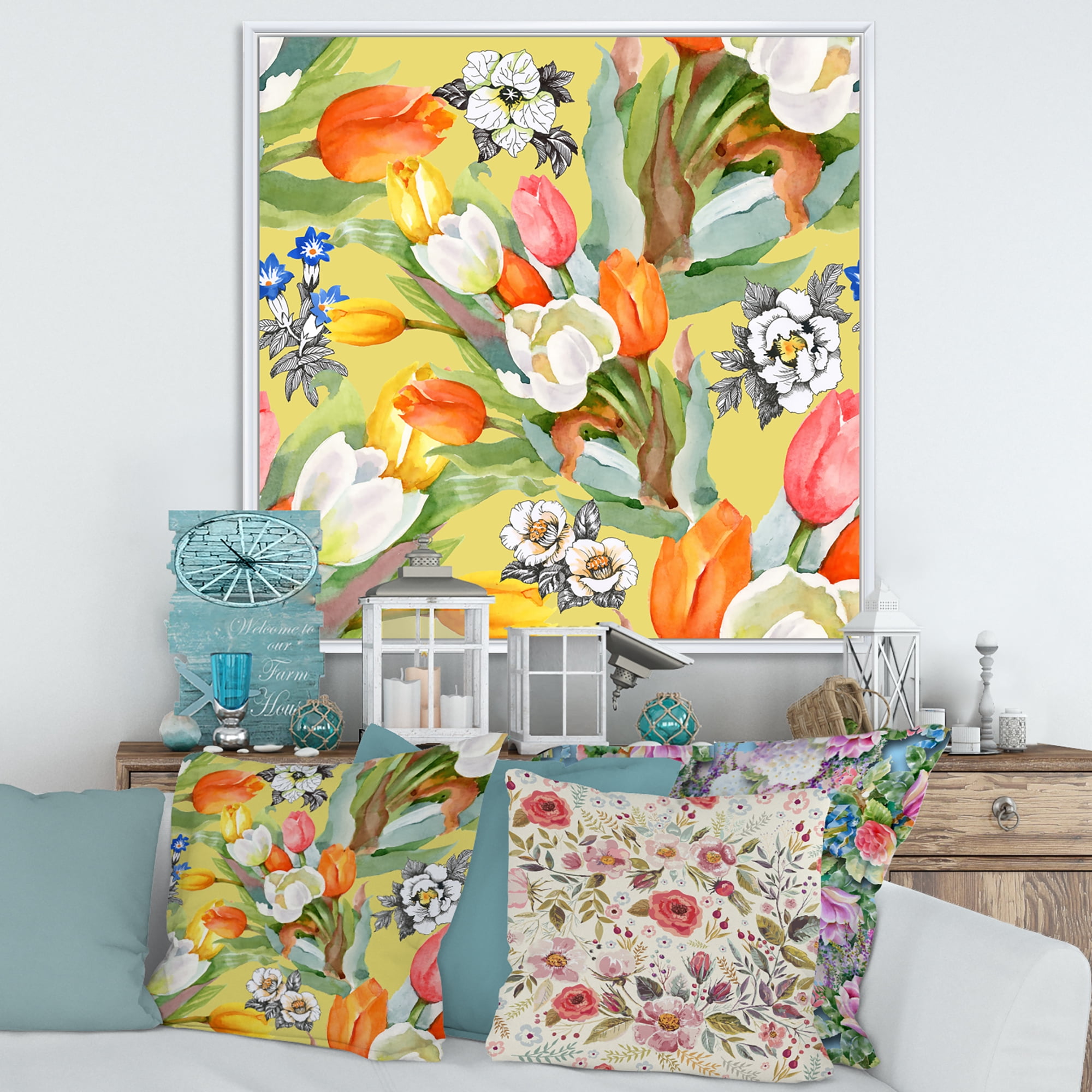 Designart 'Blooming Orange and White Tulips IV' Traditional Framed Canvas Wall Art Print