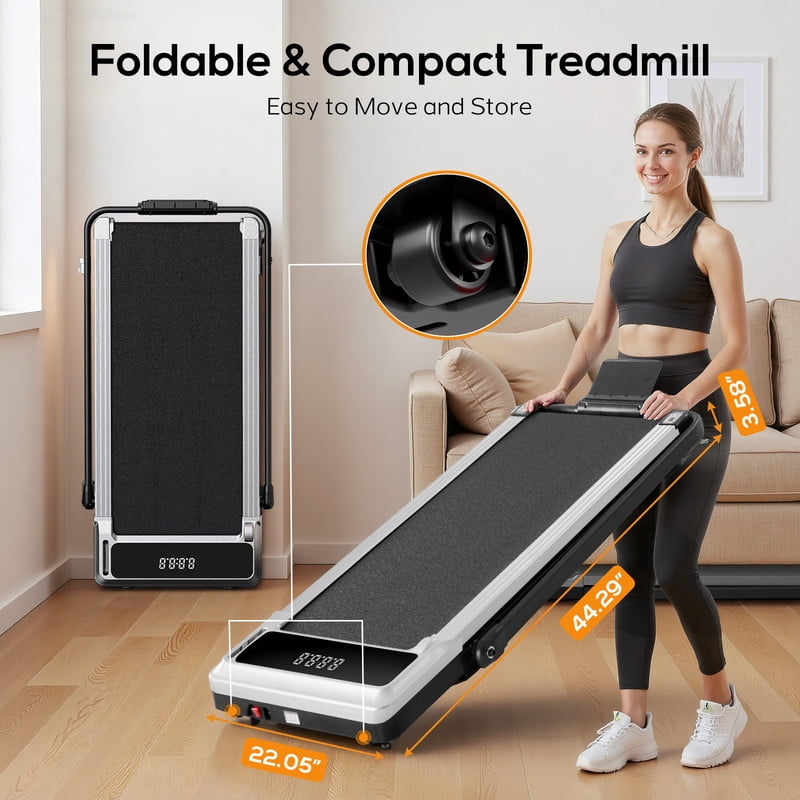 Compact Treadmill with handle, Quiet Under-Desk Walking Pad, Slim & Portable Design for Home Office Workouts, Easy to Store, Ideal for Apartments and Work-from-Home Fitness, Silver