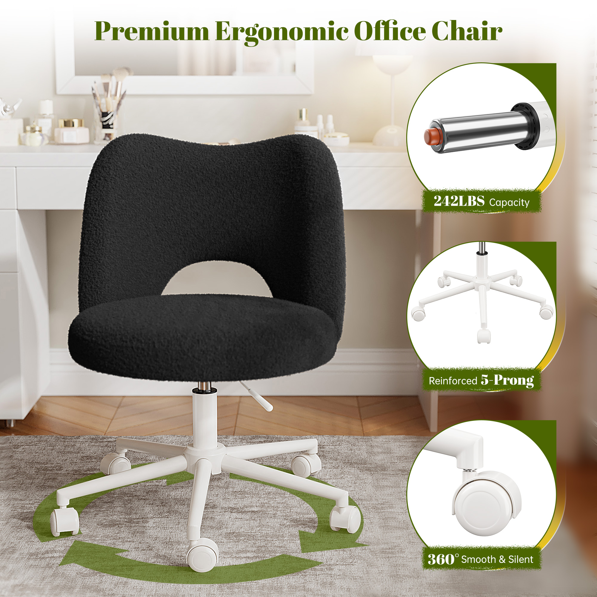 Romorgniz Adjustable Vanity Chair with Backrest Teddy Velvet Swivel Desk Chair with Wheels, Space-Saving Makeup Computer Chair, Black