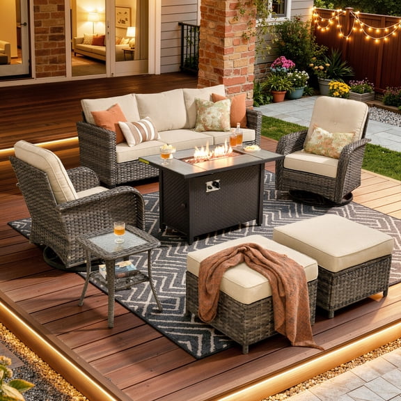 ODELIO 7-Piece Wicker Patio Furniture Set, All-Weather Rattan Conversation Set with Propane Fire Pit Table & Swivel Rocking Chairs, Outdoor Sectional Sofa with Ottomans & Side Table, Beige