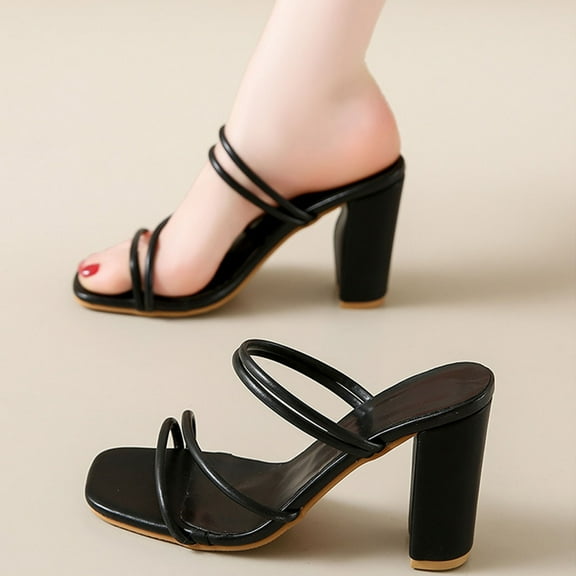 Viluyesy Women's Block Heels Sandals, Slip-On Square Toe High Heeled Summer Casual Dress Shoes Black 5.5