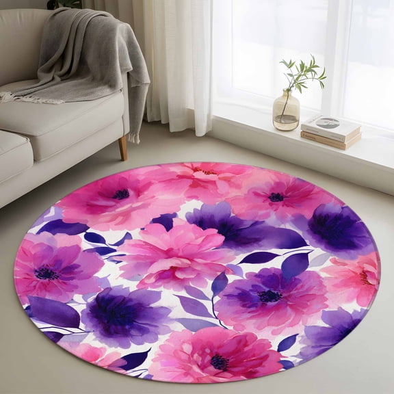 Round Area Rug 3 Ft, Watercolor Floral Washable Non-Slip Circle Carpet for Living Room/Bedroom, Spring Flowers Botanical Vintage Low-Profile Small Floor Mats Collection Rugs for Indoor