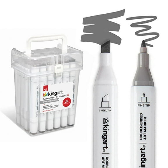 KINGART PRO Double-Ended Art Alcohol Markers, Fine Point & Chisel Point, Gray Tone Palette, 24 Count