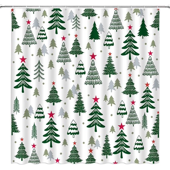 Christmas Shower Curtain Green Xmas Tree Stars Rustic Farmhouse Cartoon Winter Holiday Merry Christmas 70x84(WxH) Inches Bathroom Decor Fabric Curtain with Hooks