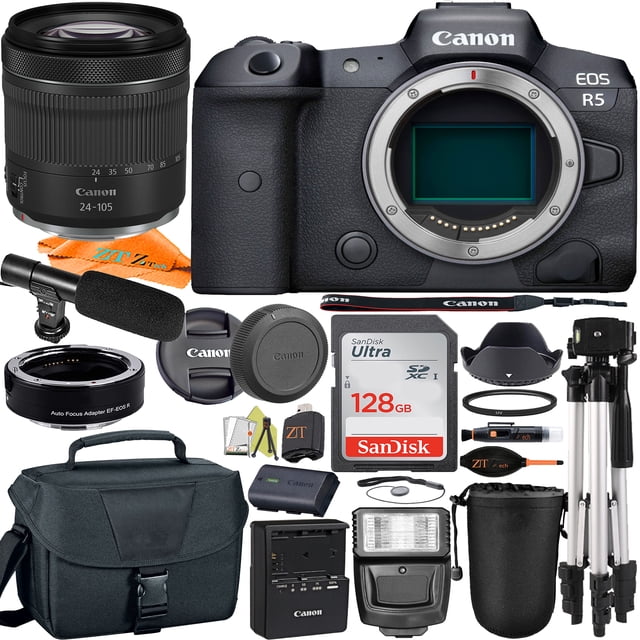 Canon EOS R5 Cámara Digital Mirrorless con Lente RF24-105mm + Adaptador + SanDisk 128GB + Paquete de Accesorios ZeeTech