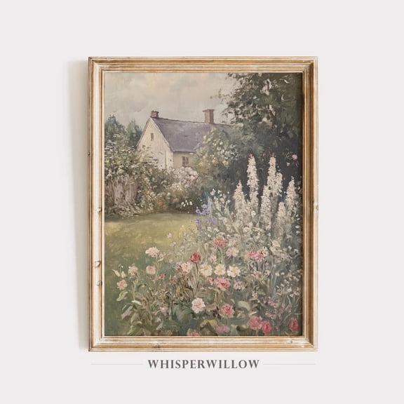 Floral English Cottage,, Vintage Garden Landscape, Rustic Farmhouse Wall Decor, Romantic Countryside Art Home Decor, 8x12 UNFRAMED