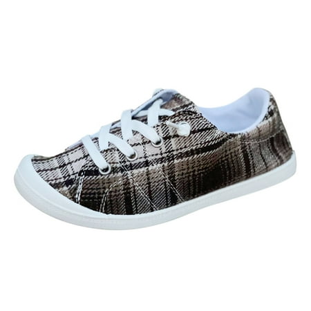 

Women Walking Shoes Plaid Print Loafers For Women Ladies Shoes Canvas Flat Shoes Soft Vulcanize Casual Shoes casual shoes for Women Canvas Coffee