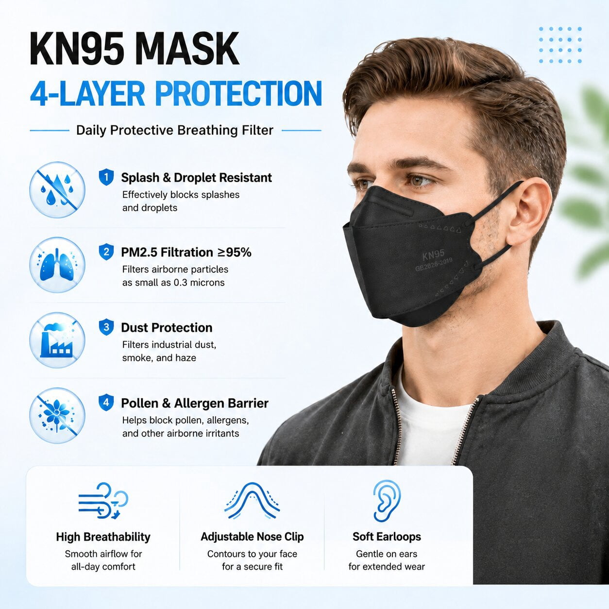 KN95 Face Masks 50 Pack, Breathable Comfortable and Disposable KN95 Mask, Black