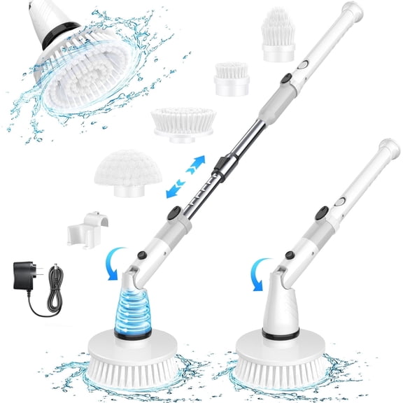 SZRSTH Electric Spin Scrubber - Cordless Cleaning Brush with 4 Heads & Extension Handle Power Shower Scrubber for Bathroom Kitchen Tile Floor