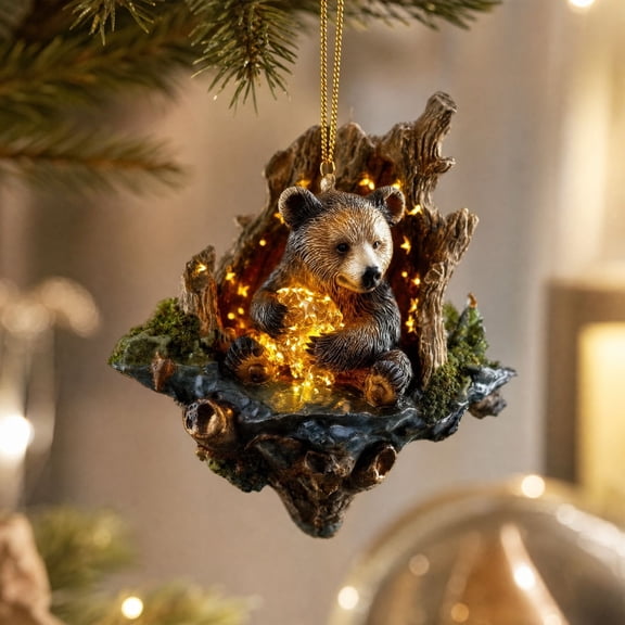 romoty 3D Resin Bear Christmas Tree Ornament, Woodland Brown Bear in Tree Hollow Hanging Figurine for Holiday Home Decor