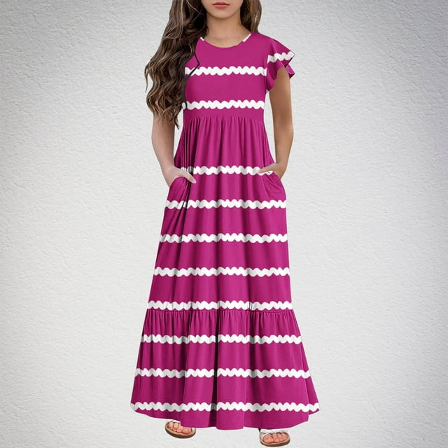 Fashion Girls Summer New Short Sleeves Round Neck Solid Color Dress