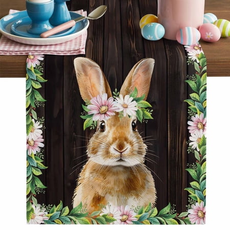 Easter Table Runner Rabbits Daisy Watercolor Plants Spring Brown Wood Cotton Linen Kitchen Table Decoration Washable Dining Tabletop Runners for Home Party Decor 13x72 Inches