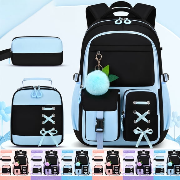 AHMOMEI 3Pcs Backpack Set Lace-Up Bow, Large Capacity Cute Bagpack with Lunch Tote & Pencil Case Leightweight, Camping, Trips, & Weekend Getaways