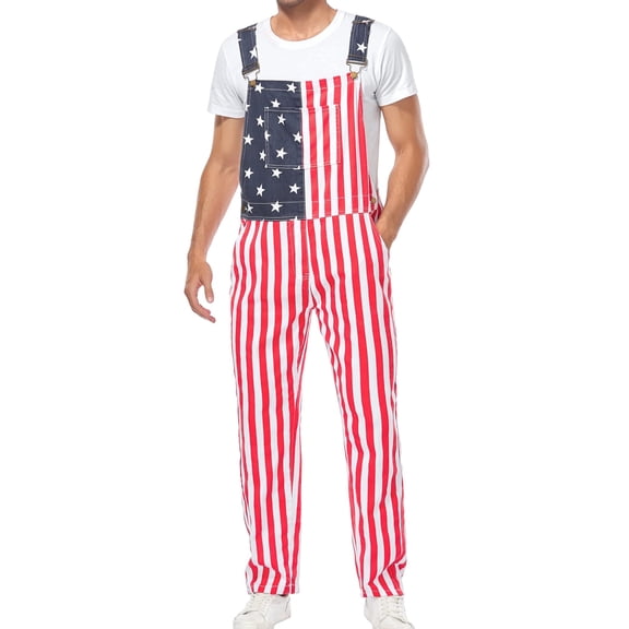 250th Anniversary American Flag Overalls Adjustable Straps Mens Red White Blue Bib Coveralls 4th of July Romper(American Flag,L)