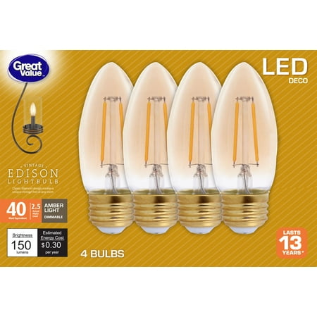 Great Value LED 2.5 Watts Deco Amber Light Medium Base Bulbs, 4 Count