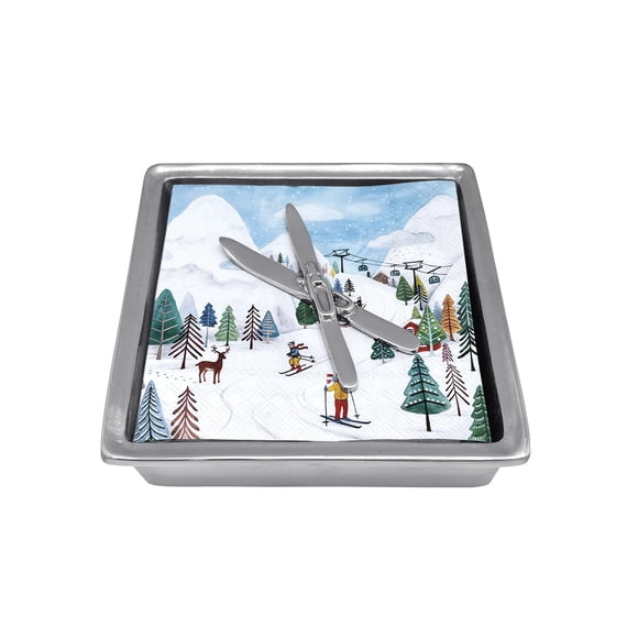 MARIPOSA CROSSED SKIS SIGNATURE NAPKIN BOX SET | SILVER | BRILLANTE | GIFTS | NAPKIN BOX & WEIGHT SET | RECYCLED SANDCAST ALUMINUM | HANDMADE IN MEXI