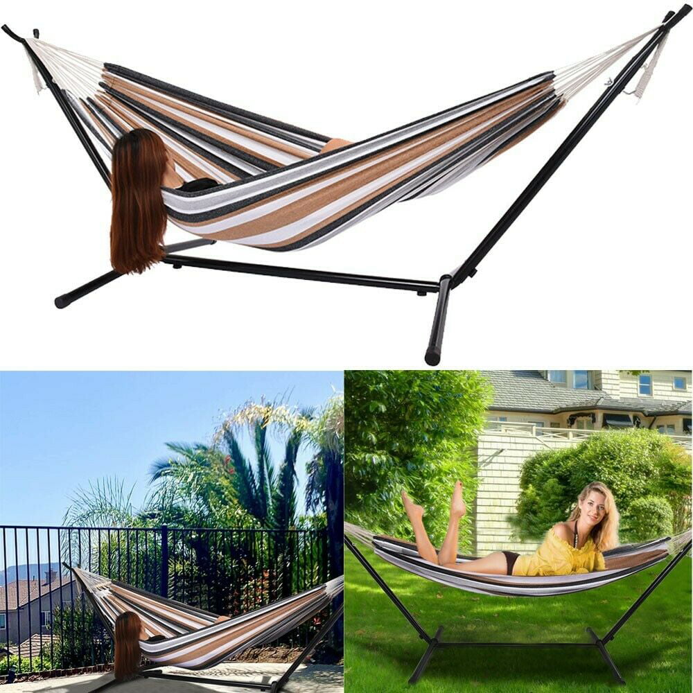 Hammock with Stand Patio Deck Pool Bronze Steel Frame Stripe Portable Double Bed 