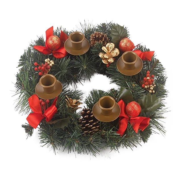 Fiudx Corona Navideña con Candelabro, Diseño de Doble Bola con Cinta Roja, Decoración Festiva para Mesa, Ideal para Fiestas, Versátil para Colgar, Ideal para Escaleras o Puertas, 1 Vela de Guirnalda.