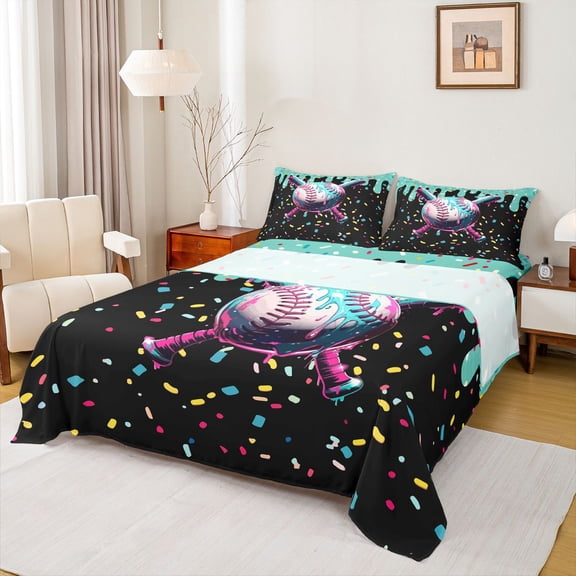 Erosebridal Ice Cream Baseball Full Size Sheets, Teal Sprinkle Bed Sheets for Girls, 4pcs