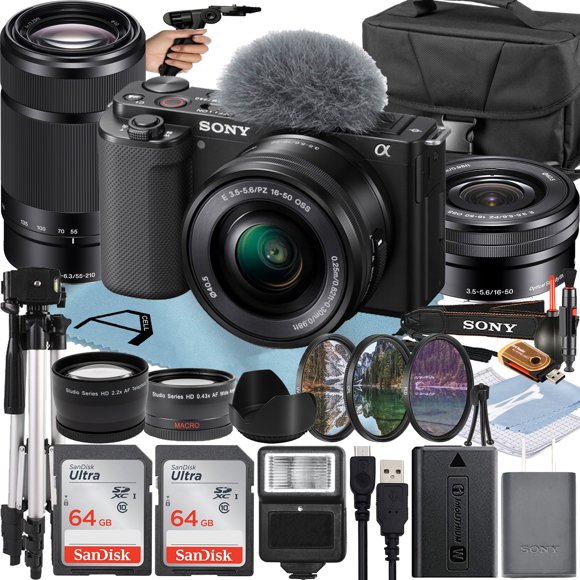 Sony Alpha ZV-E10 Mirrorless Vlog Camera with 16-50mm Lens + 55-210mm Lens + 2 Pack 64GB Memory Card + Flash + Tripod + Case + A-Cell Mobility Accessory Bundle (Black)