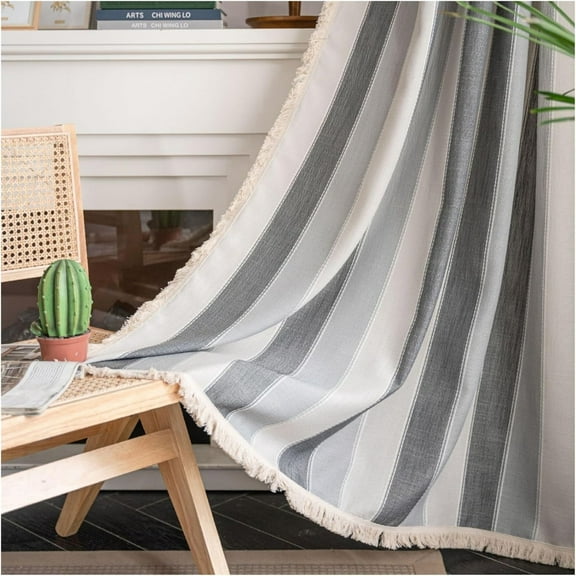 Vireellx Farmhouse Blackout Curtains，Contrasting Stripes Cotton Linen Curtains, with White Tassel Rod Pocket Curtains, Living Room Bedroom Dining Room