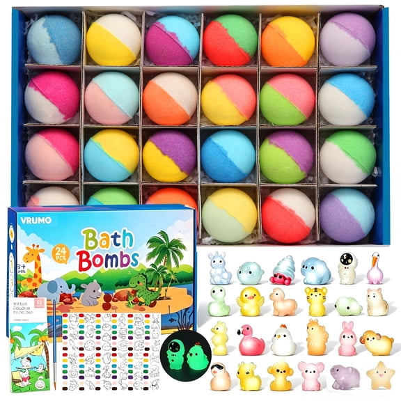 Vremou Bath Bombs for Kids with Surprise Inside, 24 pack Kids Bubble Bath with Glow in The Dark Bath Toys & Water Color Painting, Natural Organic Bath Bombs